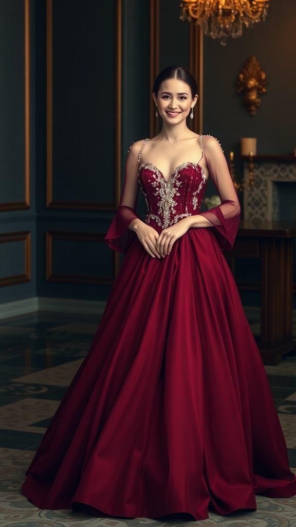 A woman in a burgundy ballroom gown with a crystal bodice, smiling in an elegant setting.