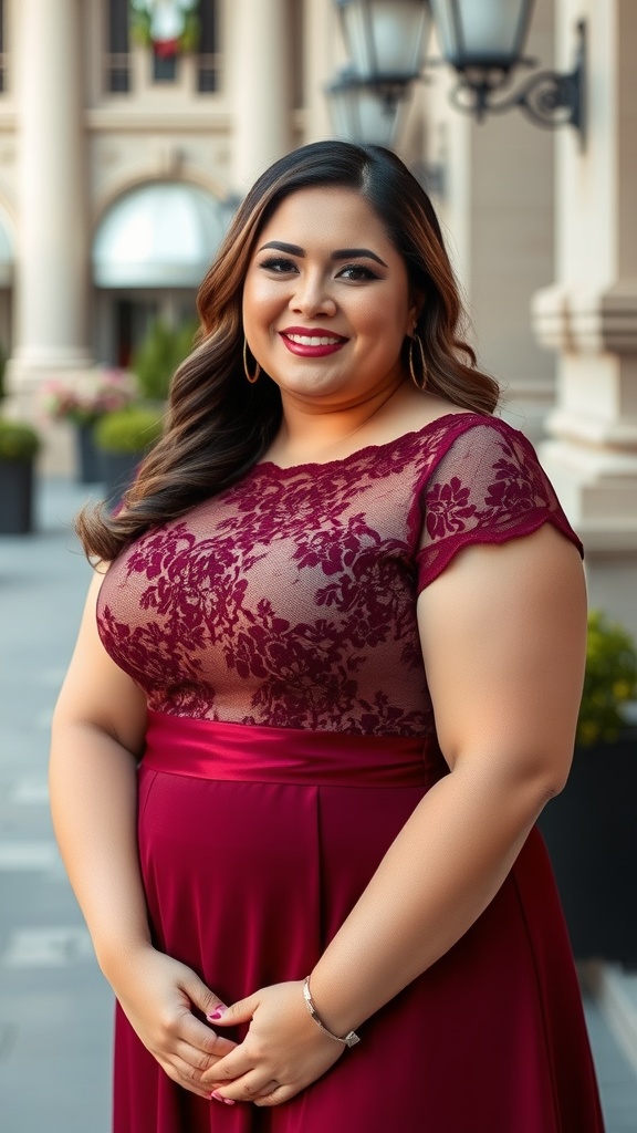 A woman wearing a burgundy lace gown with an illusion neckline, smiling outdoors.