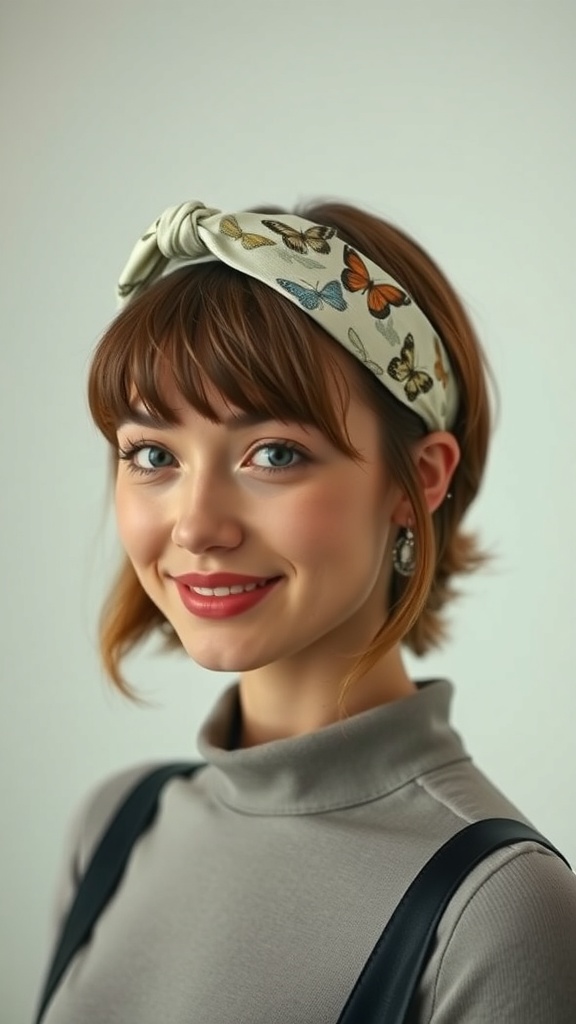 A woman with a butterfly haircut, wearing a wide headband with butterfly patterns.
