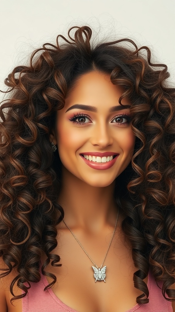 A woman with defined curls showcasing a butterfly haircut, smiling and wearing a butterfly necklace.