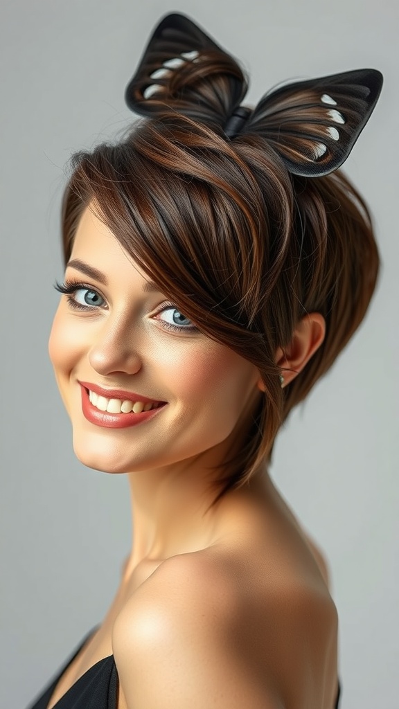 A brunette woman with a butterfly hairstyle, featuring layered hair and a butterfly accessory.