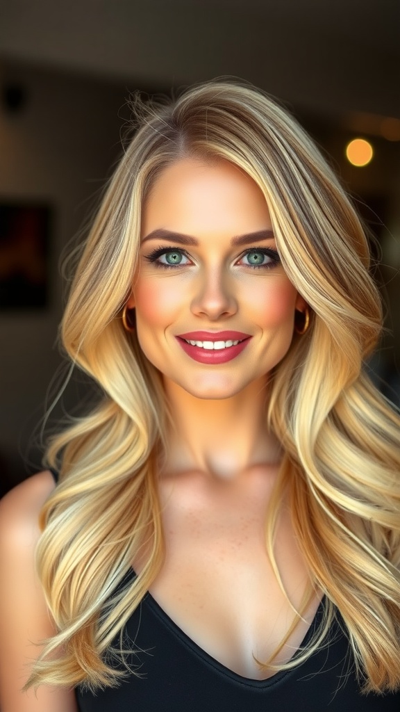 A woman with long, layered buttery blonde hair styled with volume, smiling brightly.