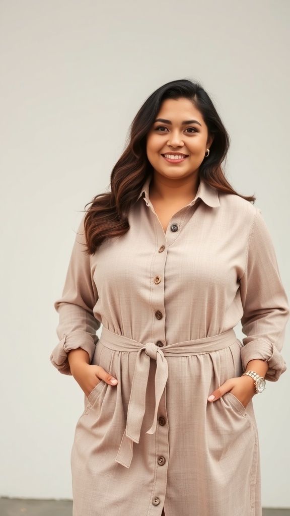 A woman wearing a button-front maxi dress with a belted waist, smiling confidently.