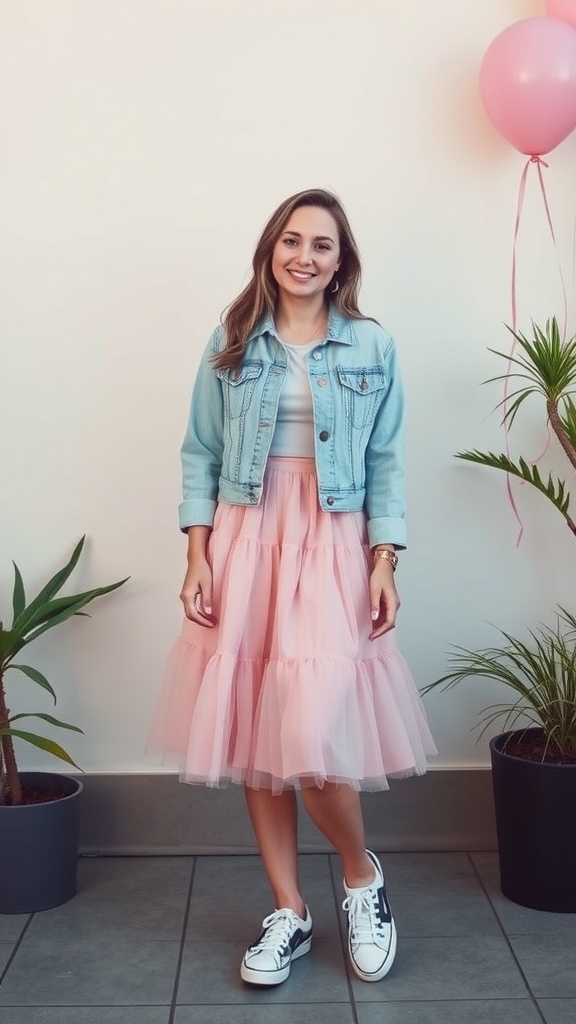 A woman wearing a denim jacket and a pink tulle skirt, smiling in a bright setting.