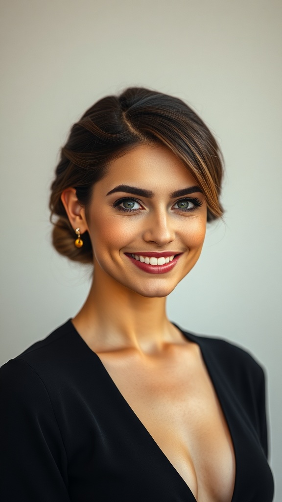 A bride with a center-part bun hairstyle, showcasing natural curls and elegant accessories.