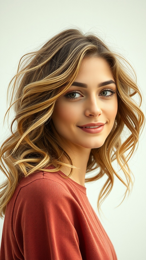 A woman with center-parted hippie waves, showcasing a relaxed and bohemian hairstyle.