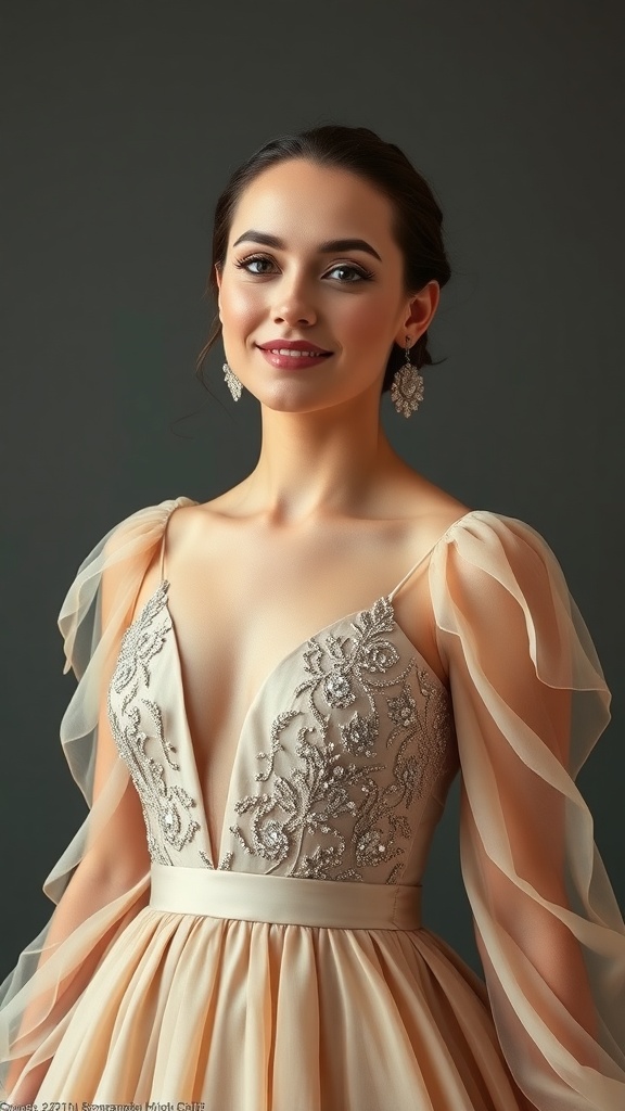 A woman wearing a champagne ballroom dress with shimmer panels and elegant embroidery.