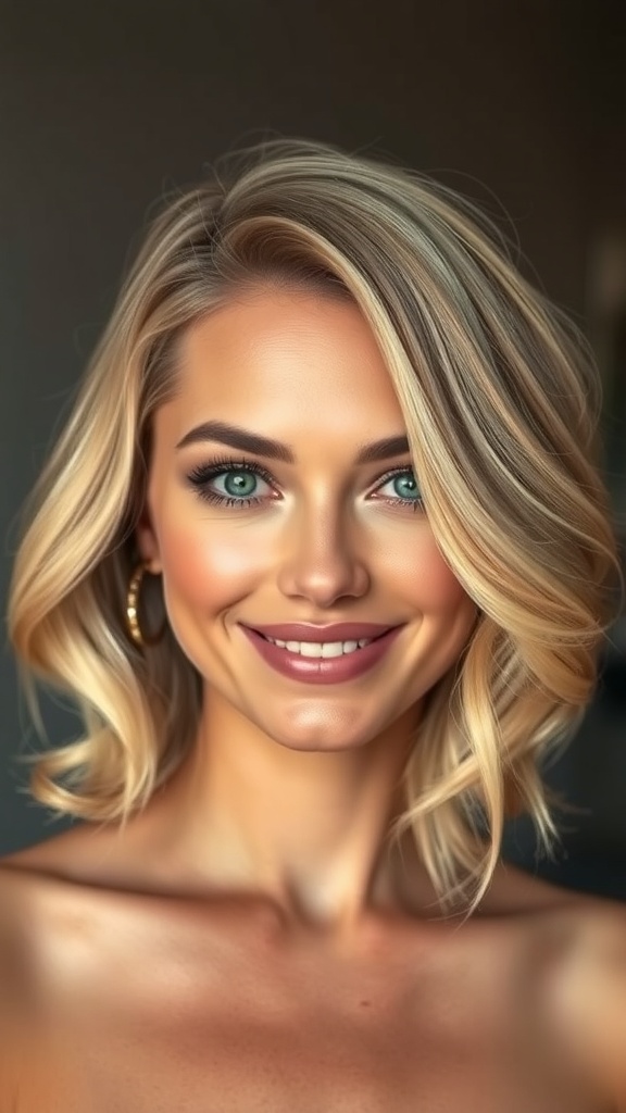 A woman with champagne blonde layered hair styled with soft curves around her face, smiling brightly.