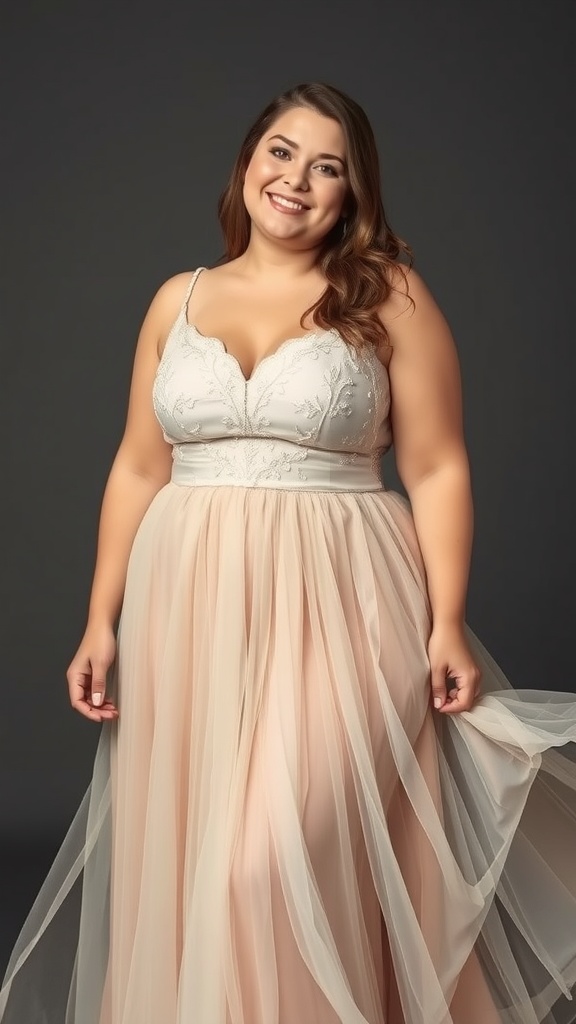 A plus size woman wearing a champagne tulle gown with an embroidered bodice, smiling confidently.