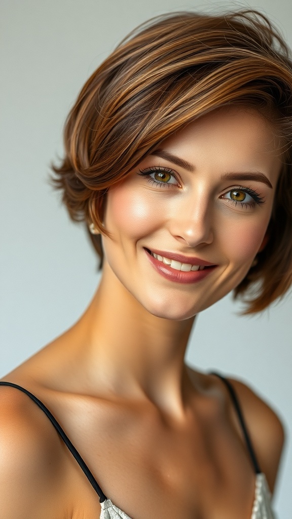 A woman with a chestnut brown pixie haircut, smiling and showcasing her lifted crown hairstyle.
