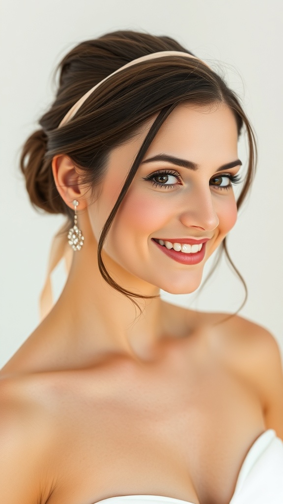 A bride with a chic ballet bun hairstyle adorned with a satin ribbon tie, smiling elegantly.