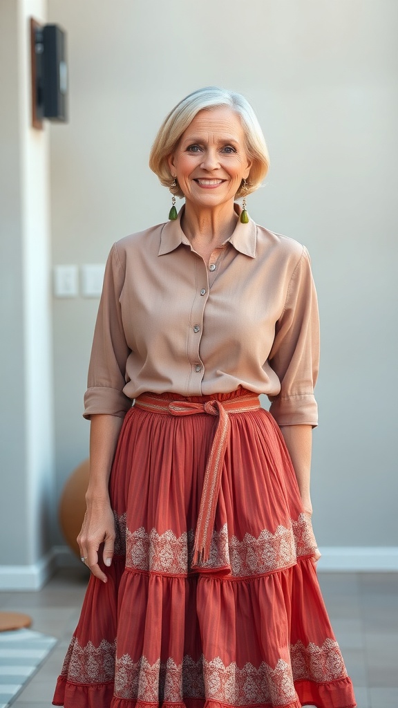 A woman over 50 wearing a chic button-up blouse and a flowy skirt, smiling confidently.