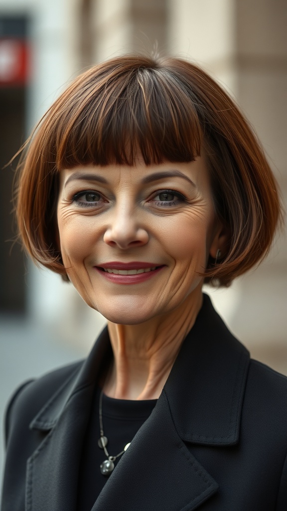 A woman with a chic French bob hairstyle, featuring clean blunt ends, smiling confidently.