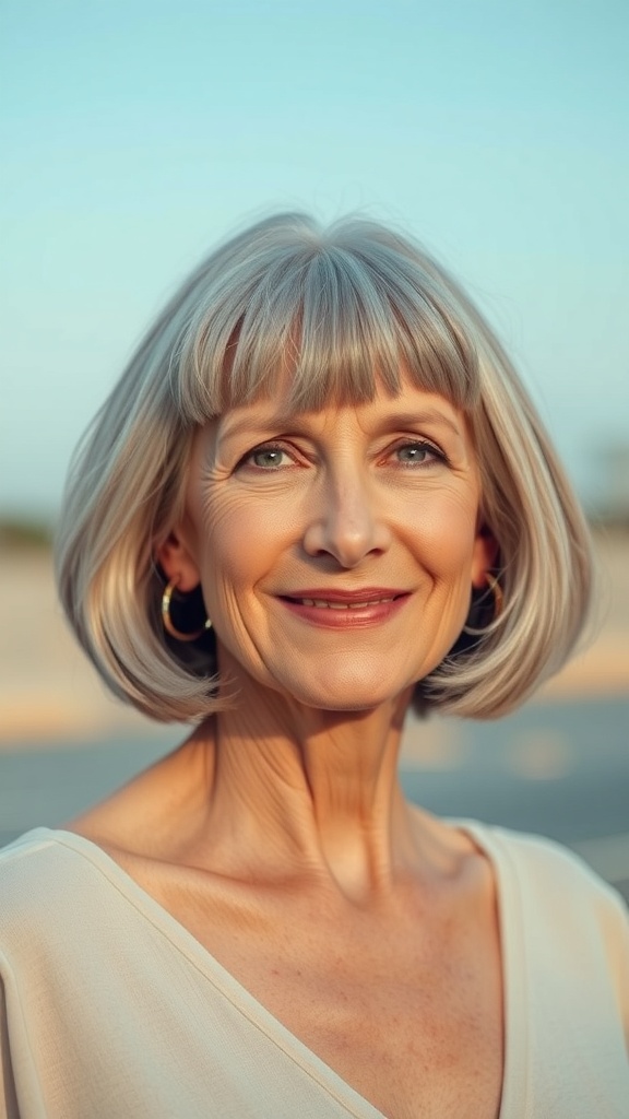 A woman with a chin-length bob hairstyle featuring soft bangs and highlights, smiling outdoors.