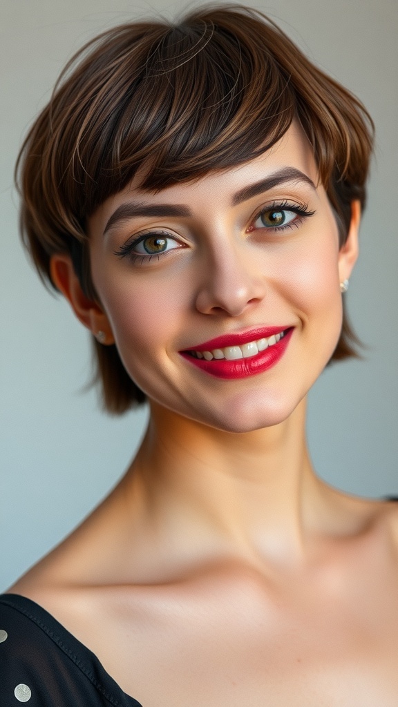 Chin-length brown hair with micro bangs, smiling woman