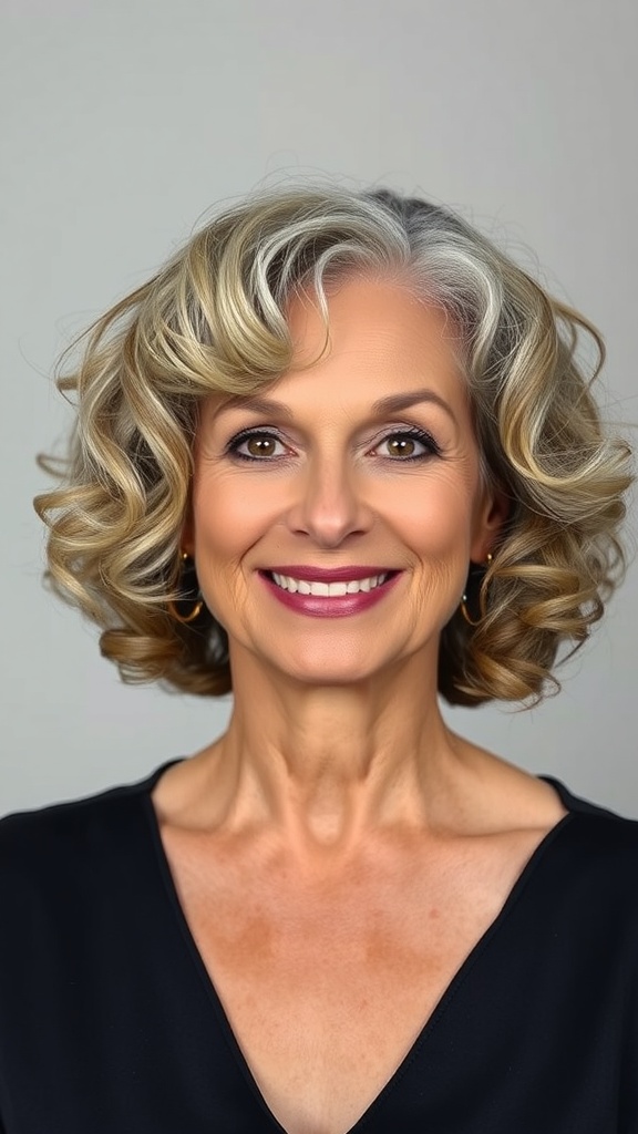A woman with a chin-length curly bob hairstyle and fringe, showcasing a stylish and classy look.