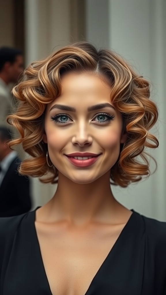 A woman with a chin-length curly bob hairstyle featuring pin curl texture, smiling confidently.