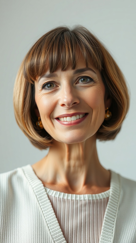 A woman with a chin-length layered bob and bangs, smiling confidently.