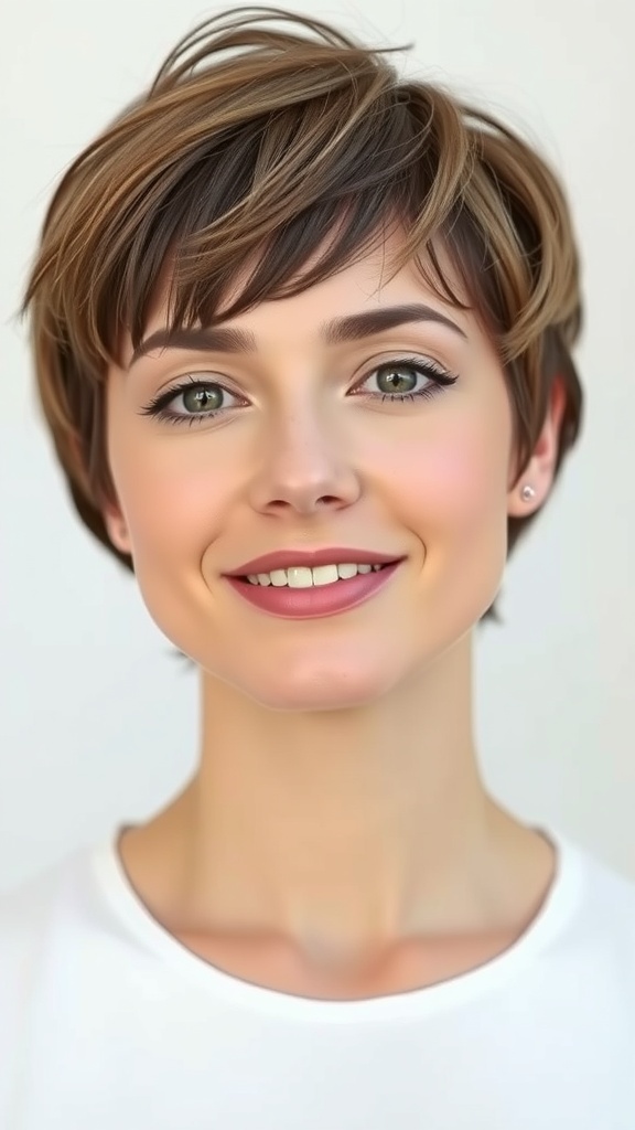 A woman with chin-length, textured short hair and a bright smile.
