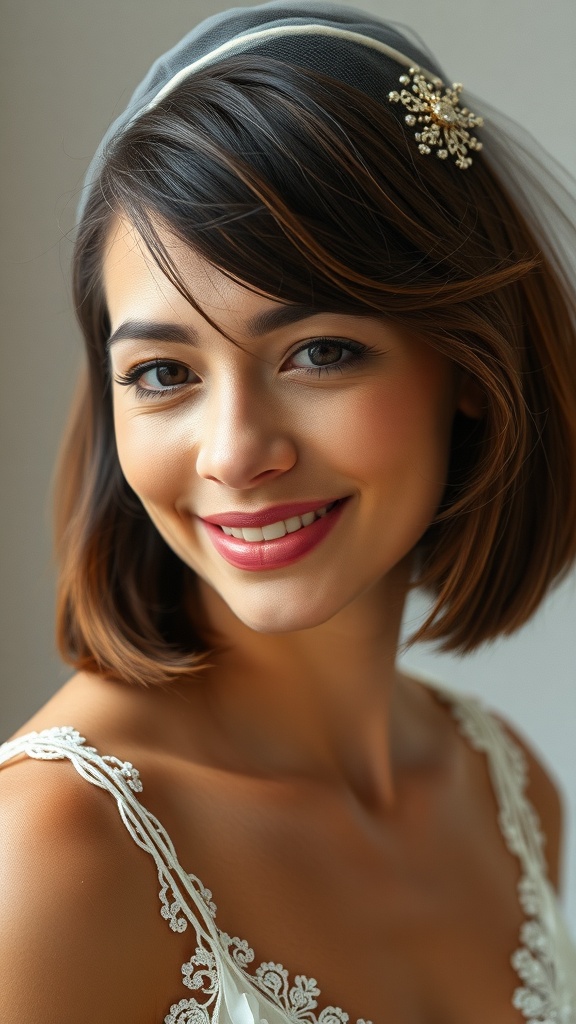 A bride with a chin-length textured bob hairstyle adorned with a veil comb, smiling softly.