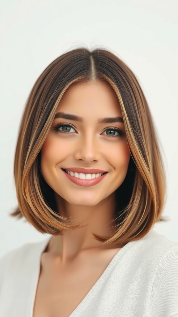 A woman with chin-to-shoulder layered straight hair, smiling brightly.