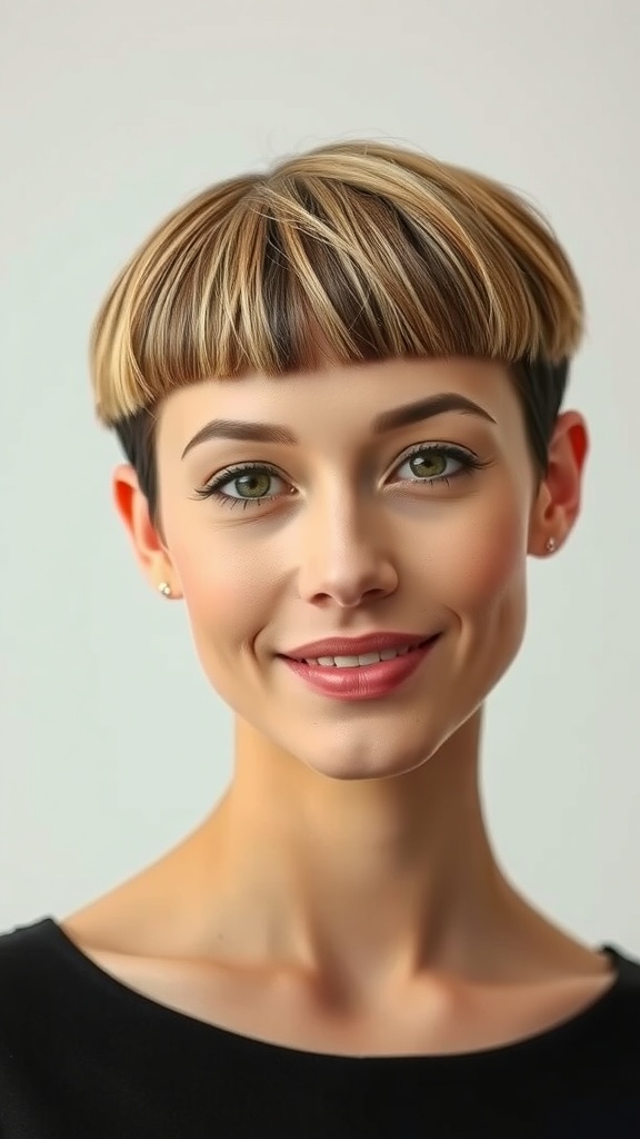 A woman with chin-to-shoulder midlength layered hair and sleek bangs, smiling at the camera.