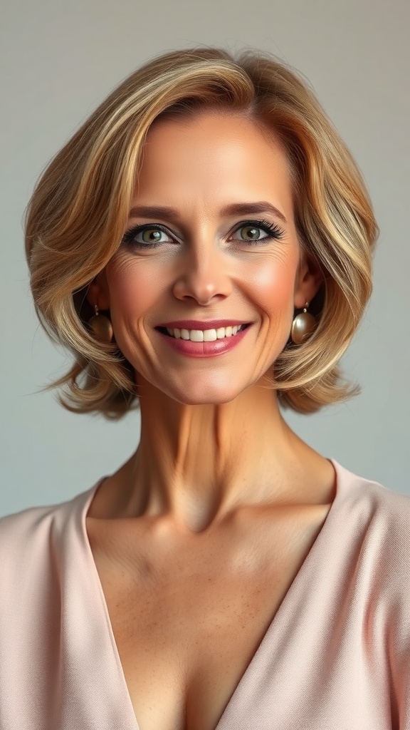 A woman with a chin-length bob hairstyle featuring natural waves, smiling confidently.