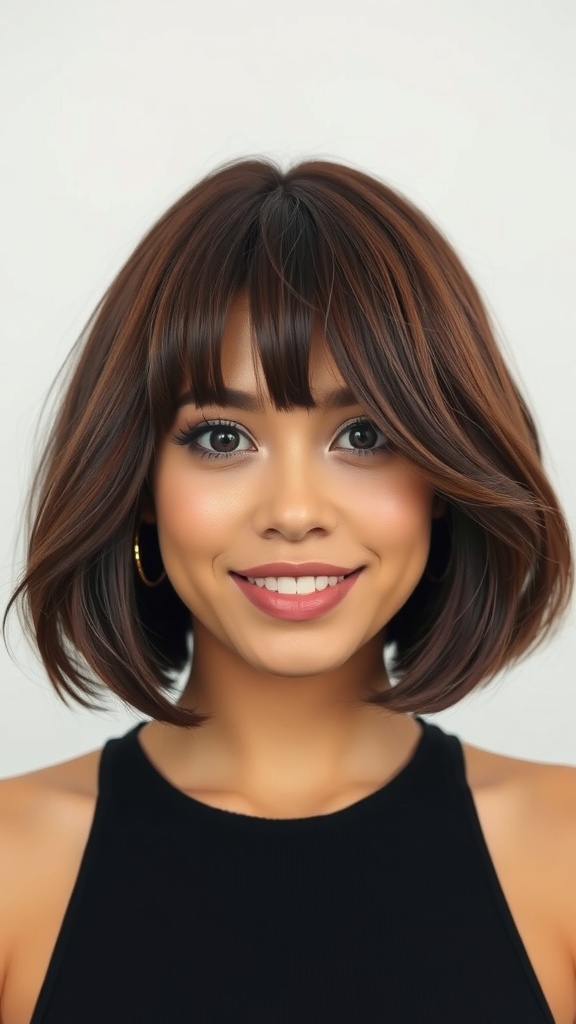 A woman with a chocolate brown blunt cut bob at chin length, smiling and showcasing her hairstyle.