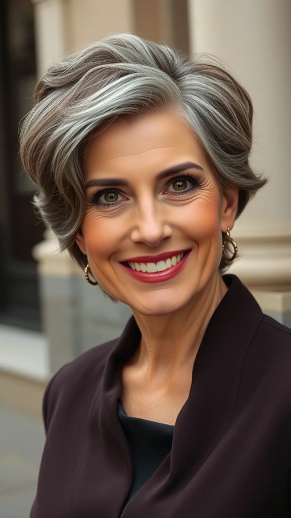 A woman with a choppy crop hairstyle and bold side part, smiling confidently.
