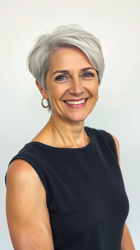A woman with a choppy silver crop hairstyle, smiling confidently.