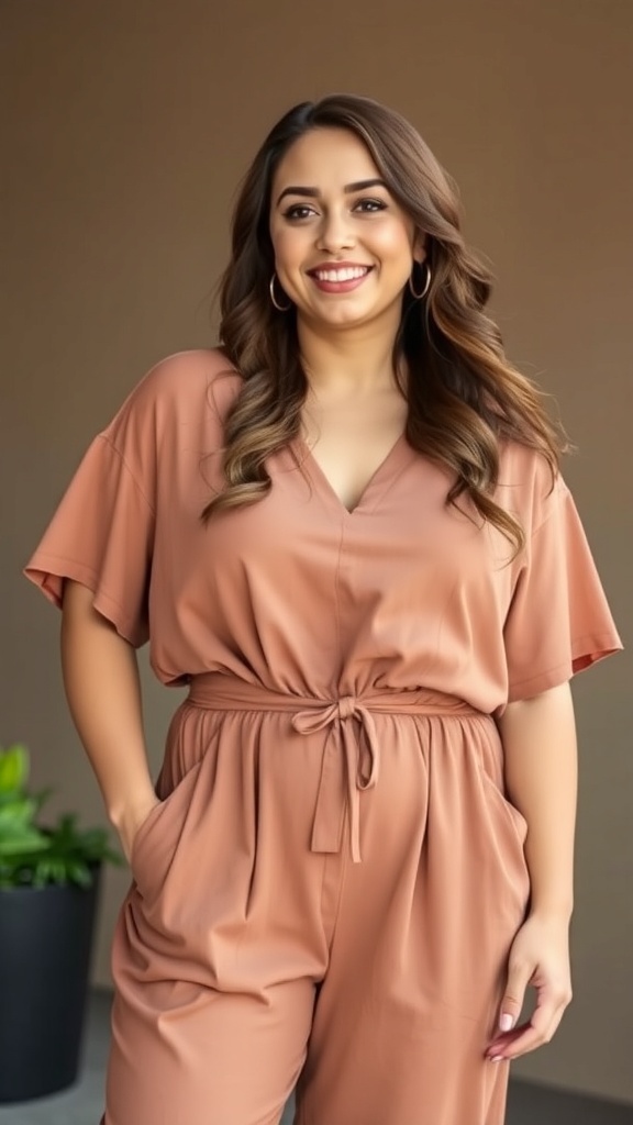 A young girl smiling while wearing a beige jumpsuit with a tie waist.