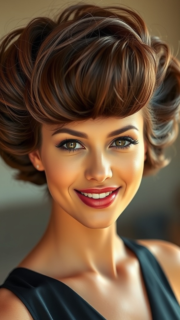 A woman with a classic blowout hairstyle featuring flipped layers, smiling confidently.