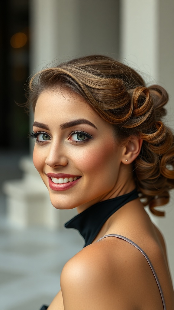 Classic bridal updo with long curls, showcasing a smiling bride.