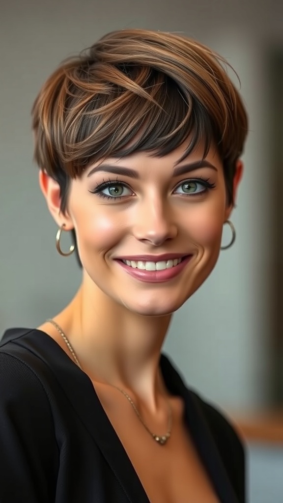 A woman with a classic brown pixie haircut and side-swept bangs, smiling.