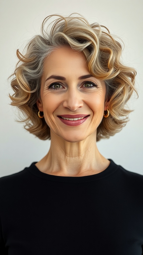 A woman with a classic curly bob hairstyle, showcasing soft curls and a full crown, smiling confidently.
