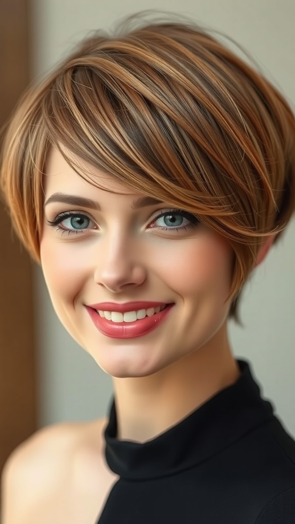 A woman with a classic French bob hairstyle featuring curved bangs, smiling.