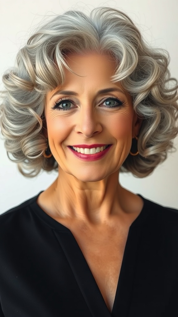 A woman with a classic gray curly bob hairstyle, smiling confidently.