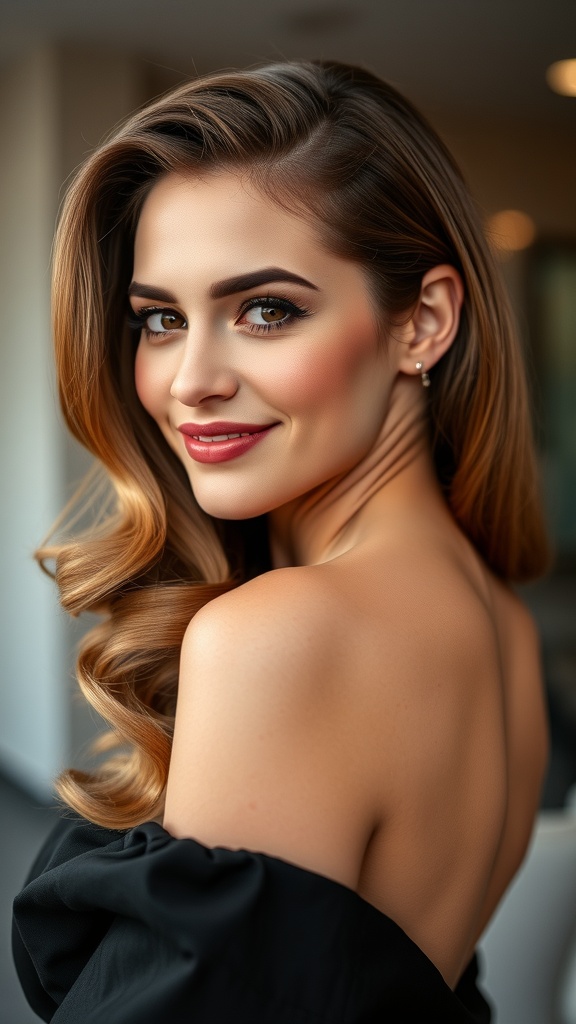 A woman with classic Hollywood waves and a deep side part, showcasing a glamorous vintage hairstyle.