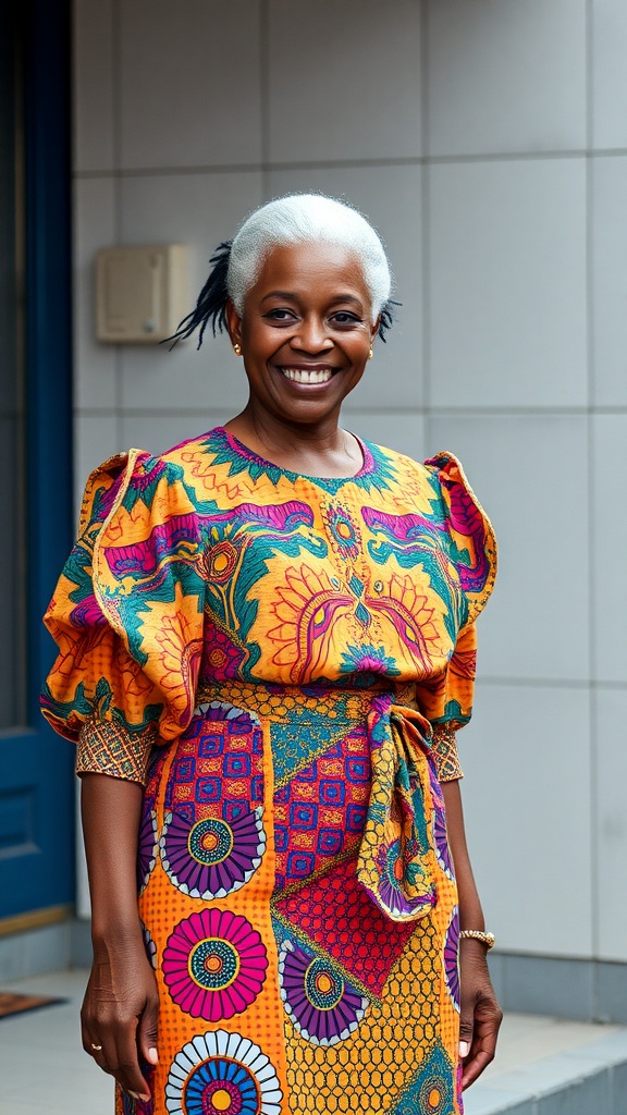 An older woman wearing a colorful Kente skirt and blouse with bold patterns, smiling confidently.