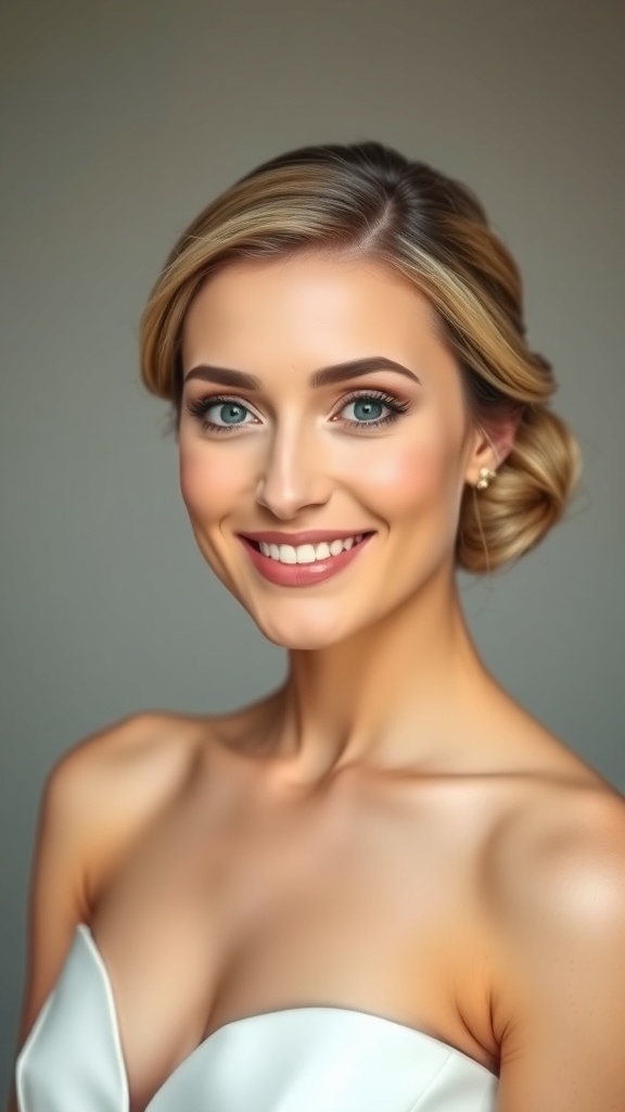 A bride with a classic low chignon hairstyle, smiling and wearing a strapless wedding dress.