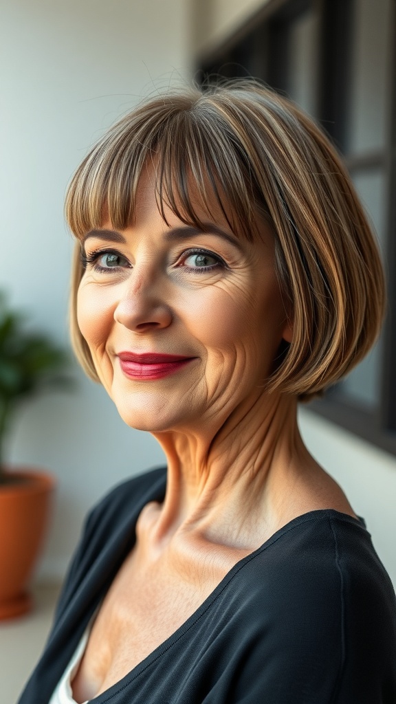 A woman with a sleek bob and straight bangs, smiling confidently.