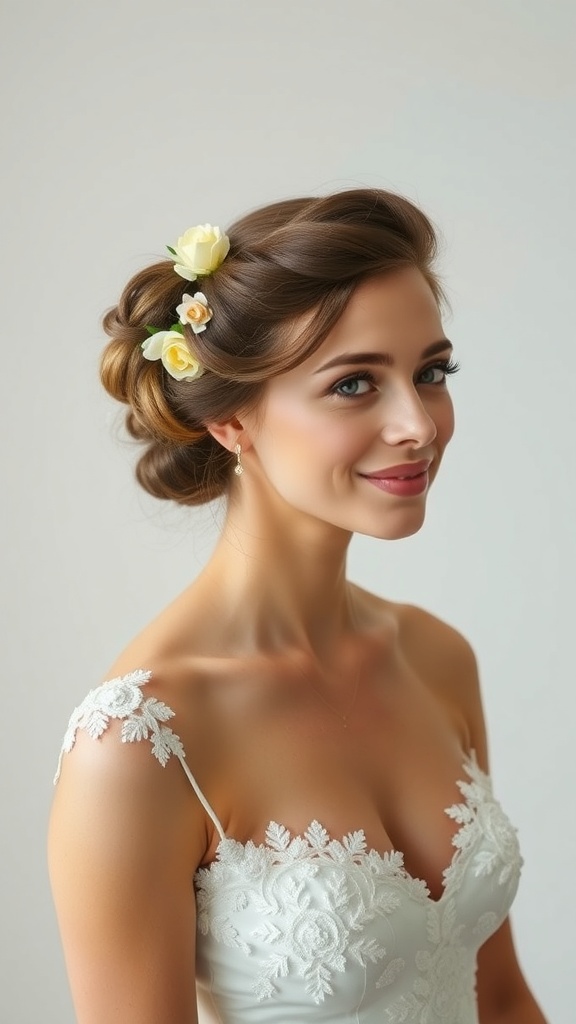 A bride with a classic updo hairstyle adorned with floral hair pins, wearing a beautiful wedding dress.