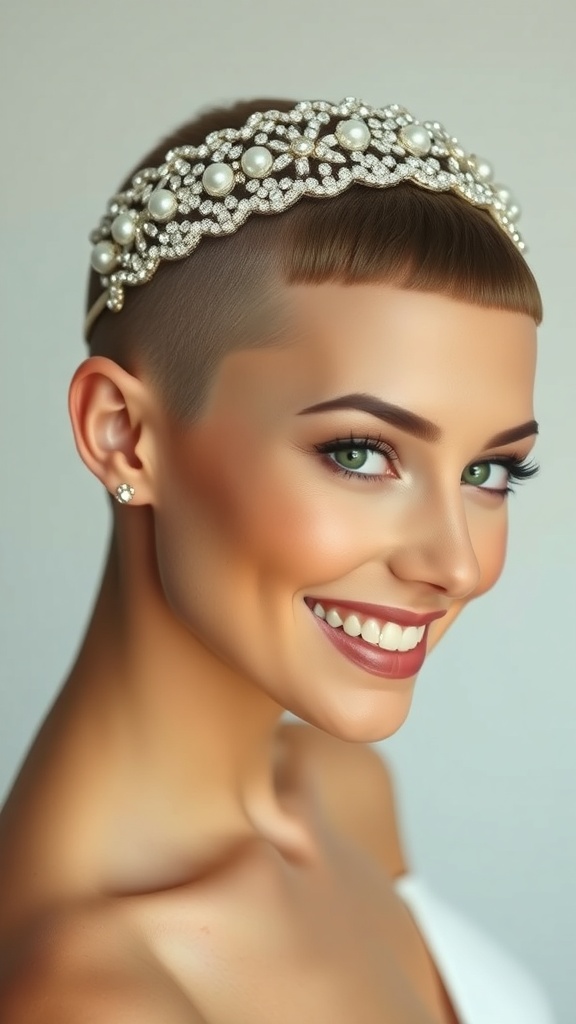 A bride with a clean buzz cut wearing a sparkling headpiece, showcasing a confident and elegant look.