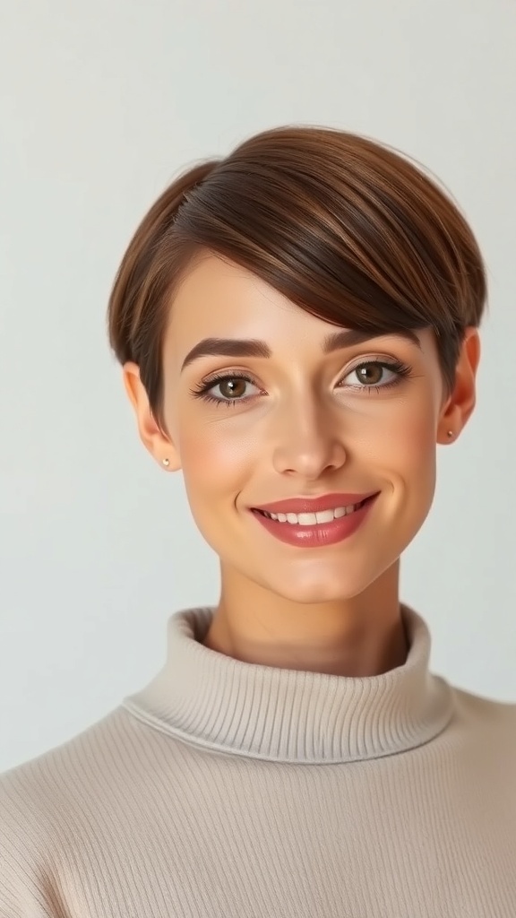 A woman with a coffee brown short crop hairstyle and a wet look finish, smiling.