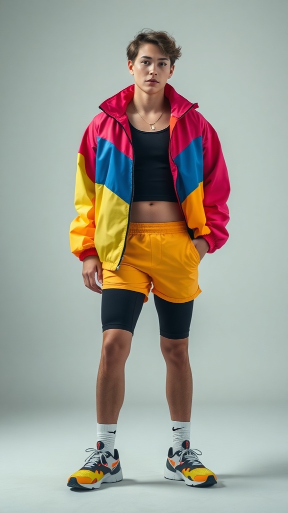 A person wearing a colorful colorblock windbreaker with biker shorts and sporty shoes.