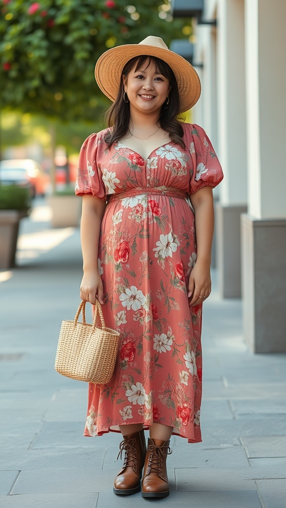 A woman wearing a floral cottagecore maxi dress with puff sleeves, holding a straw bag and wearing brown lace-up boots.