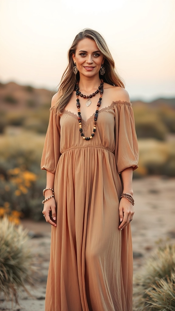 A woman wearing a flowing maxi dress with layered jewelry, set against a rustic outdoor backdrop.