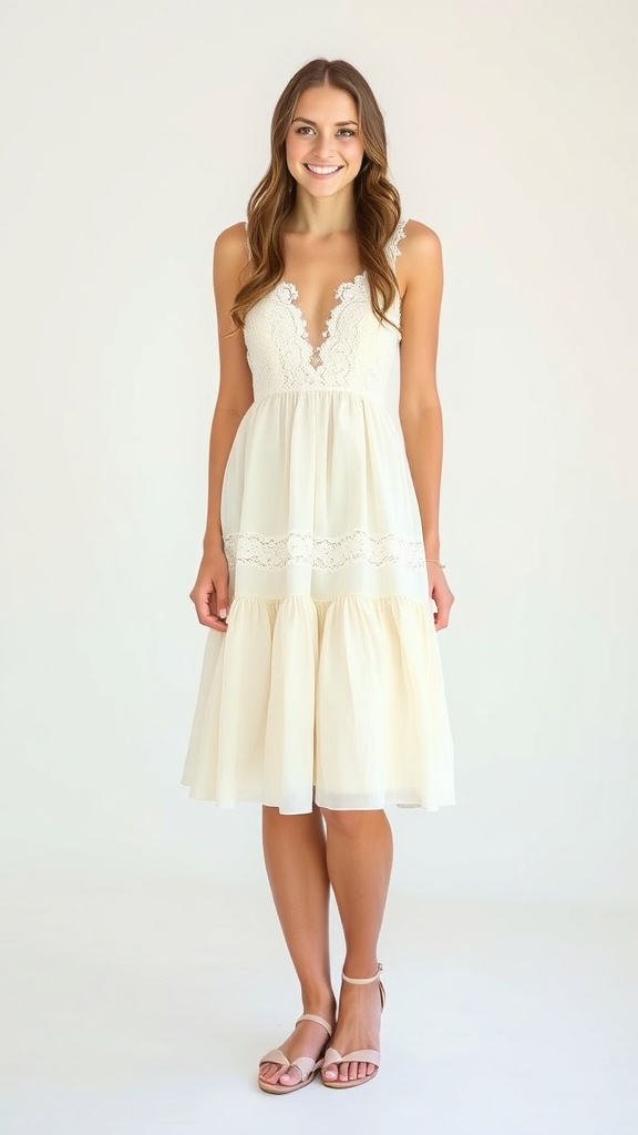 A woman wearing a cream tiered wedding guest dress with lace trim, smiling and standing against a neutral background.