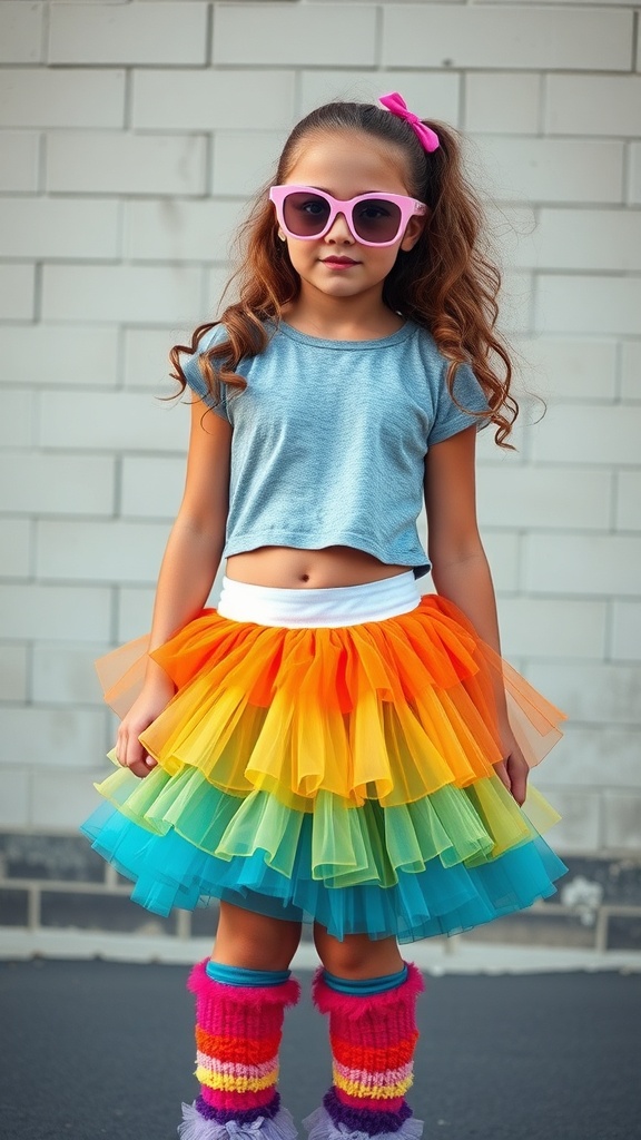 A young girl wearing a gray crop top and a colorful layered tutu skirt, accessorized with pink sunglasses and colorful leg warmers.
