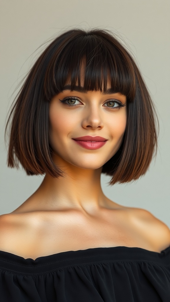 A woman with a cropped 90s bob hairstyle, featuring layered hair and volume.